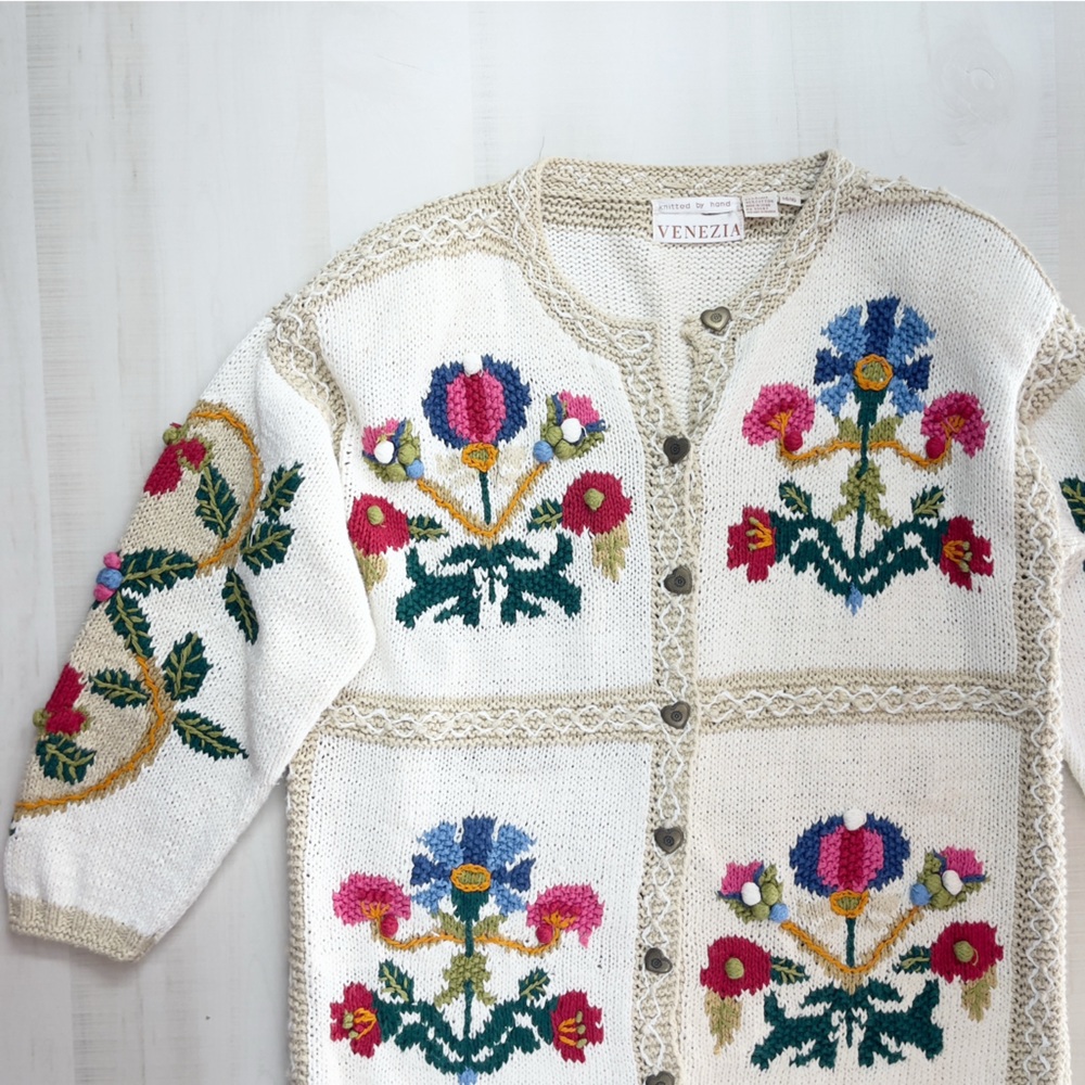 VENEZIA hand knit floral bird cardigan sweater vintage 14 16 - Picture 6 of 11